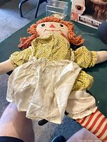 Full view of cloth doll showing dress, apron, pantaloons, striped socks