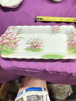 Top view of rectangular Blossom Time platter showing full scene and ruler for scale