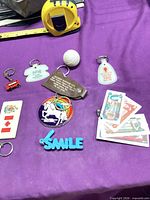Group shot of all nine keychains laid out on purple fabric