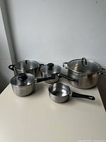 Cookware set with lids displayed on tabletop