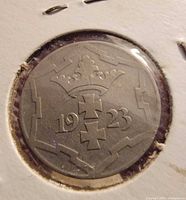 Obverse view of 1923 Free City of Danzig 10 Pfennig coin in 2×2 holder
