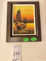 Framed painting front view with size reference tag