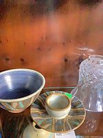 Overall view of bowl, small dish and glass shade