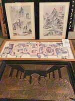 Group shot showing both Asian prints, comic word art poster, and wood Last Supper relief