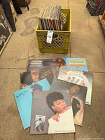 Milk crate filled with numerous LPs plus seven LPs spread out in front