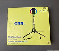 Retail box showing onn 8 in RGB Ring Light with Tripod