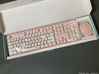 Keyboard and mouse in opened box with protective plastic