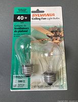 Front of sealed Sylvania 40W ceiling fan bulb 2-pack