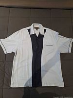 Front view of Nat Nast silk shirt showing color blocking, buttons, pocket