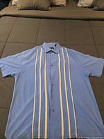 Full view of Nat Nast blue silk shirt with cream stripes, front side