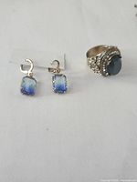 Overall view showing both earrings and ring