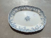 Top view of oval blue and white floral transferware platter