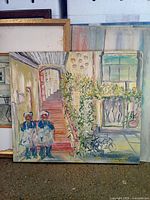 Full view of oil painting showing staircase, children, vines, bicycle motif
