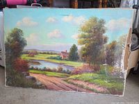 Full view of unframed oil landscape painting on canvas