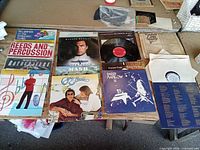 All nine album covers and loose LP displayed on table