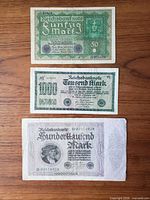 Front view of all three Reichsbank notes showing denominations 50, 1000 and 100000