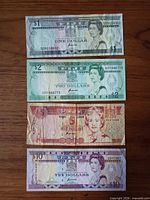 Front view of four Fiji banknotes showing denominations and serial numbers