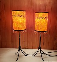 Both wrought iron lamps illuminated, showing full view of bases and shades