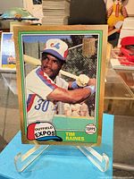 Front of Tim Raines 50th Anniversary rookie reprint card on stand