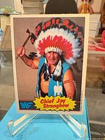 Front view of Chief Jay Strongbow trading card on blue stand