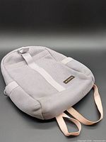 Front view of grey Adidas backpack with white vertical strap and logo patch