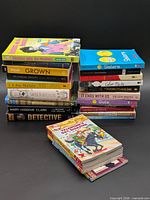 Two stacks and one horizontal grouping of assorted novels and children’s books