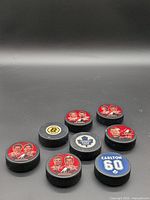 Group shot of all eight pucks showing variety of logos and player designs