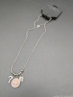 Full view of necklace on original card showing chain, charms, packaging