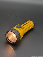 Flashlight illuminated, showing front lens and lit bulb