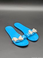 Top view of both blue sandals showing white bows