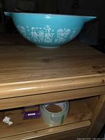 Side view of turquoise Pyrex Cinderella bowl showing Amish Butterprint figures
