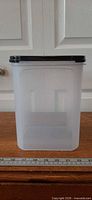 Front view of container showing translucent body and black lid