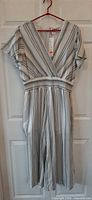 Front view of jumpsuit showing full design and stripes