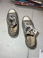 Top view of both grey Converse sneakers showing laces, toe caps and insoles
