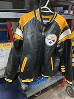 Full front view of jacket on hanger