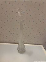 Full view of tall clear swung vase on white surface