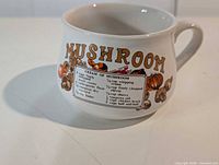 Front view of ceramic mug showing mushroom recipe decal