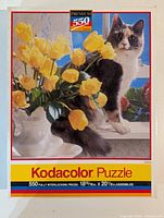 Front of sealed Kodacolor puzzle box showing cat with yellow tulips image