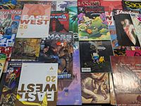 Overhead view showing entire assortment of comic books spread out