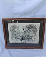 Frontal view of framed print with wood frame and mat