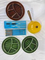 overview of pot, three plates, fork box