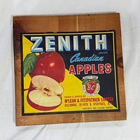 Front view showing full Zenith Canadian Apples label on wood plaque