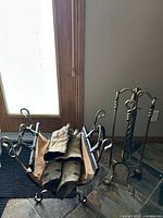 Tool set, log holder, gloves, birch logs overview