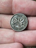 Reverse side showing 1 CENT, maple leaves, date 1941, Canada