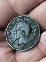 Obverse showing Napoleon III portrait, date 1855, edge nicks visible