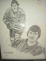 Full view of framed Serge Savard drawing showing both portraits and signature