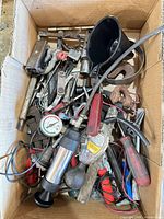 Box containing assorted hand and automotive tools as listed
