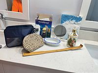 Group shot of all items on vanity counter