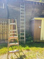 Both ladders leaning against building, full view