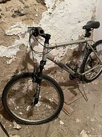 Full left side view of silver Diamondback mountain bike showing frame, wheels, fork, kickstand